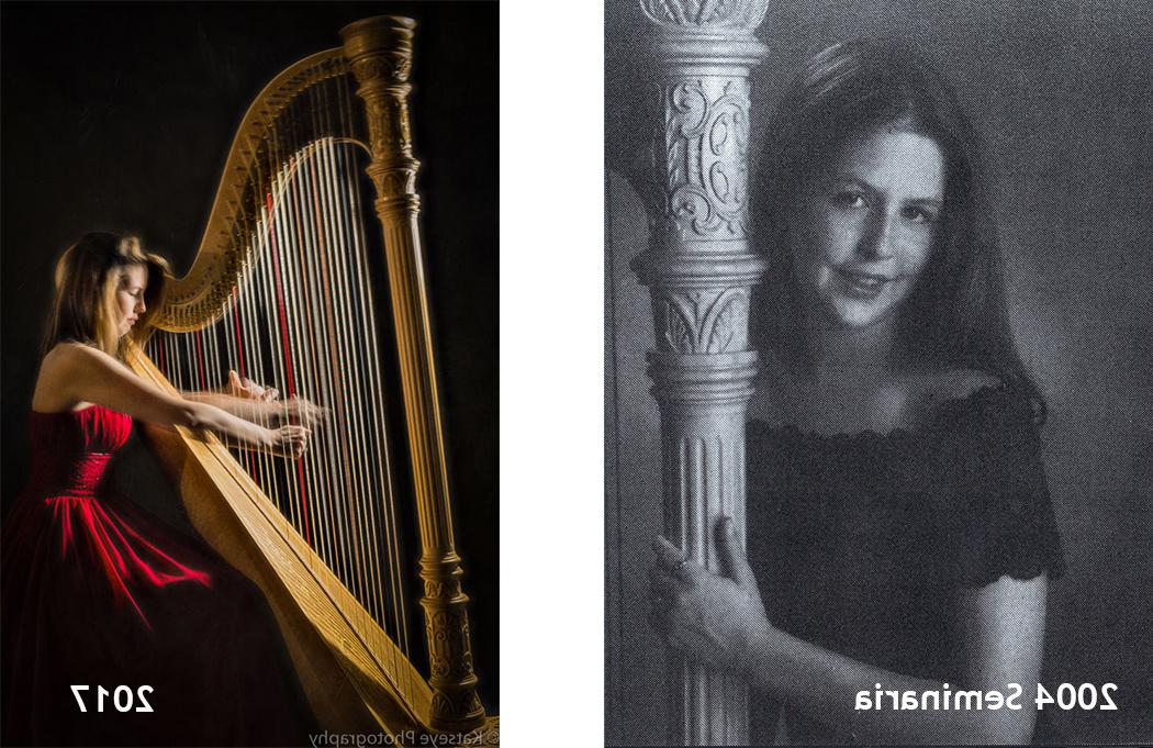 Casey's picture from the 2004 Seminaria yearbook and 2017 harp performance